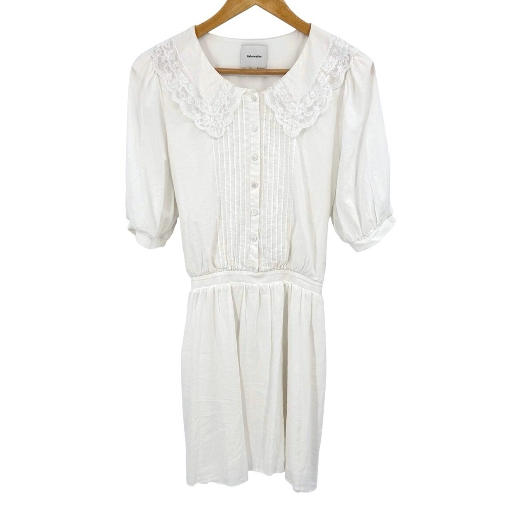 Reformation Kairos Lace Trim Dress Size 12 Collar Pintuck Cottagecore Coquette - Picture 6 of 14